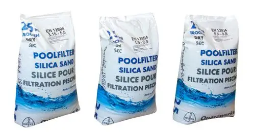 Drei Säcke mit Quarzkies für die Filterung, beschriftet mit "POOLFILTER SILICA SAND". Herkunftsangabe: "Made in Germany". Marke: Grünbeck.